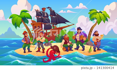 Cartoon pirate and corsair characters on tropical island. Male ship crew personages relax on sunny beach with black sail sloop anchored offshore, treasure chest, palm tree and playful octopus in water 141300414
