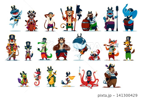 Cartoon animal corsair and pirate characters. Vector cute shark sailor, raccoon, monkey and sloth corsairs, hippo, elephant and tiger captain, crocodile, bear, fox and dog, parrot, crab animal pirates Cartoon animal corsair and pirate characters. Vector cute shark sailor, raccoon, monkey and sloth corsairs, hippo, elephant and tiger captain, crocodile, bear, fox and dog, parrot, crab animal pirates 141300429