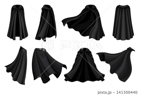 Dracula and Halloween black cloak, cape and mantle clothes. Cartoon vampire mantle with cape. Black vector garment with flowing fabric for Halloween costume designs, masquerade party, spooky event Dracula and Halloween black cloak, cape and mantle clothes. Cartoon vampire mantle with cape. Black vector garment with flowing fabric for Halloween costume designs, masquerade party, spooky event 141300440