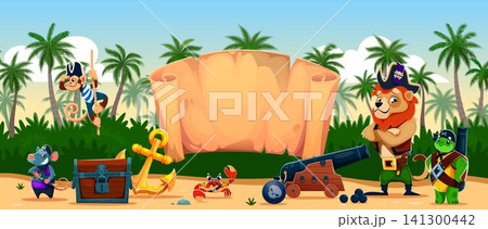 Cartoon funny animal pirates on tropical island. Funny rat, monkey, crab, captain lion and turtle character on sunny beach with blank map parchment, treasure chest, gold anchor, cannon and palm trees Cartoon funny animal pirates on tropical island. Funny rat, monkey, crab, captain lion and turtle character on sunny beach with blank map parchment, treasure chest, gold anchor, cannon and palm trees 141300442