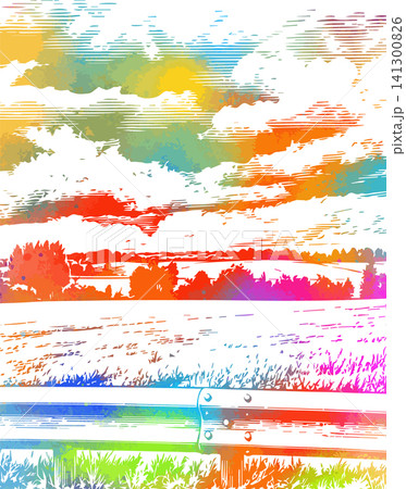 Vector illustration of beautiful colored summer landscape field. Hand drawn. Not AI Vector illustration of beautiful colored summer landscape field. Hand drawn. Not AI 141300826