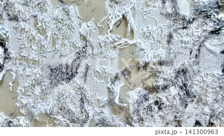 distressed white gauze fabric texture macro frayed threads organic cotton grunge background for web design vintage overlay 141300963
