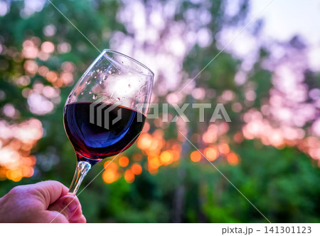 Glass of red wine in man's hand on sunset sky background. Person holds glass of red wine 141301123
