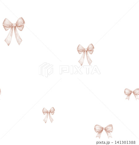 Bow seamless minimal pattern with small decorative ribbons in pastel pink colors. Watercolor illustration with tiny elements for textile, wallpaper and stationery. Delicate backdrop for fabric. Bow seamless minimal pattern with small decorative ribbons in pastel pink colors. Watercolor illustration with tiny elements for textile, wallpaper and stationery. Delicate backdrop for fabric. 141301388