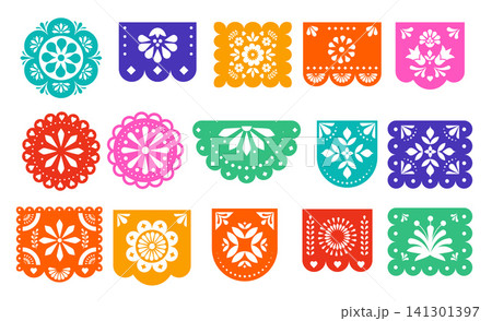 Collection of traditional Mexican colorful papel picado flags. Decorative vector elements set for 141301397