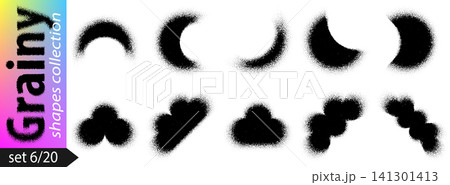 Dotted noise vector moon, grainy cloud pattern of abstract gradient shape. Airbrush shadow effect for fluid black paint drop or point halftone. Circle dotwork design with spray texture, stipple round 141301413