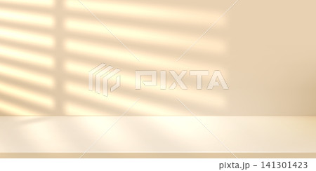 Light studio wall background, empty floor for product in white kitchen. 3d cosmetic backdrop and cream gradient podium of minimal room scene. Window blinds texture shadow, gold pastel beauty mockup 141301423