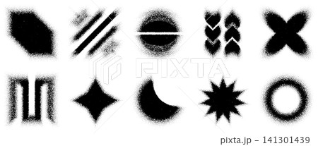 Grainy dotted square with blurred gradient texture and noisy sun burst. Star pattern logo in cloud sky shapes, spray blend mixture. Diagonal soft circle for round paint particles and zigzag moon ring Grainy dotted square with blurred gradient texture and noisy sun burst. Star pattern logo in cloud sky shapes, spray blend mixture. Diagonal soft circle for round paint particles and zigzag moon ring 141301439