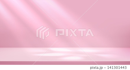 3d pink room background for spring backdrop with empty studio table. Sun rays drop cast plant leaf shadow, light podium with gobo gradient. Peach solid floor bg of counter platform, nude kitchen scene 3d pink room background for spring backdrop with empty studio table. Sun rays drop cast plant leaf shadow, light podium with gobo gradient. Peach solid floor bg of counter platform, nude kitchen scene 141301443