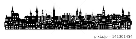 Town silhouette, city skyline, roofs of buildings, factories, churches and houses in night cityscape aerial vector illustration. Town silhouette, city skyline, roofs of buildings, factories, churches and houses in night cityscape aerial vector illustration. 141301454