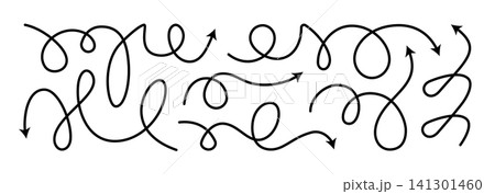 Dashed arrow squiggly vector line set. Curved shape doodle brush element. Complex plan, map path pattern. 3d up down direction scribble dynamic curly marker. Looped black stroke twirl spiral handdrawn 141301460