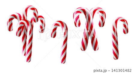 Candy cane 3D, fruit iced stick. Winter season caramel tasty lollipop. Red new year pattern, bent shape for xmas gift. Twisted ropes holiday dessert ribbon isolated. Sweet food set, sugar cute snack 141301482
