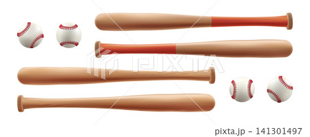 Baseball ball, bat glove realistic vector isolated. White softball, 3d wood stick, player base equipment clipart. Wooden vintage tool, american field sport game, brown leather pitcher catcher mitten Baseball ball, bat glove realistic vector isolated. White softball, 3d wood stick, player base equipment clipart. Wooden vintage tool, american field sport game, brown leather pitcher catcher mitten 141301497
