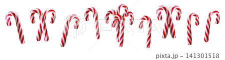3D candy cane, fruit stick ornament. Realistic striped sugar sweet, holiday vector. Shiny glazed food set, glossy barley stripe. Red pattern emoji, new year render. Dessert gift lollipop, xmas shape 3D candy cane, fruit stick ornament. Realistic striped sugar sweet, holiday vector. Shiny glazed food set, glossy barley stripe. Red pattern emoji, new year render. Dessert gift lollipop, xmas shape 141301518