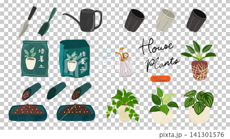 Houseplant repotting tool set - watercolor-style hand-drawn vector illustration Houseplant repotting tool set - watercolor-style hand-drawn vector illustration 141301576