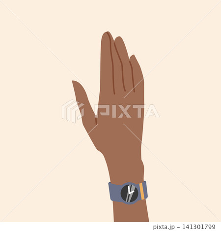 Dark skin hand wearing wrist watch 141301799