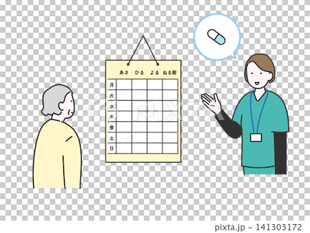 An illustration of an elderly person using a medication calendar to manage their medication and a nurse providing guidance. An illustration of an elderly person using a medication calendar to manage their medication and a nurse providing guidance. 141303172
