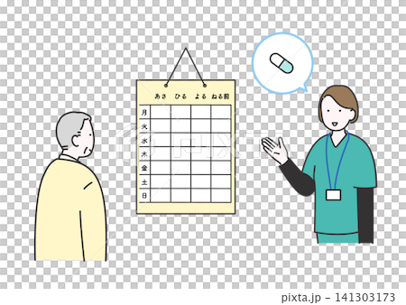 Illustration of a nurse giving medication guidance using a medication calendar. Illustration of a nurse giving medication guidance using a medication calendar. 141303173
