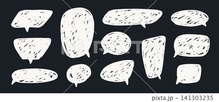 White hand drawn dialog box on blackboard. Doodled crayon speech bubbles on chalkboard. Rough sketched comic talk frames. Scribbled balloon text box bundle. Vector pastel chalk pencil chat cloud pack White hand drawn dialog box on blackboard. Doodled crayon speech bubbles on chalkboard. Rough sketched comic talk frames. Scribbled balloon text box bundle. Vector pastel chalk pencil chat cloud pack 141303235