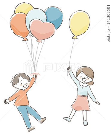 手描きイラスト 風船と箒に乗る人物 風船をもって浮かぶ子供達のイラスト（手描き風）のイラスト素材