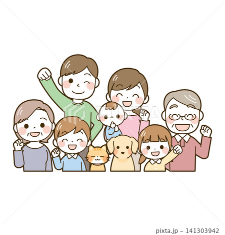ガッツポーズをする二世代家族7人+犬猫 ガッツポーズをする二世代家族7人+犬猫 141303942