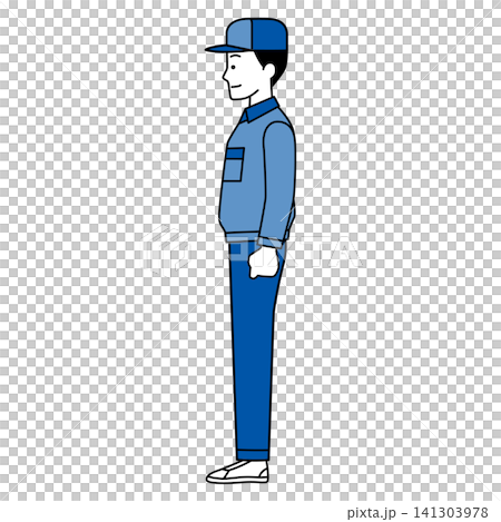 真横を向くつなぎ作業服の男性(全身) 真横を向くつなぎ作業服の男性(全身) 141303978