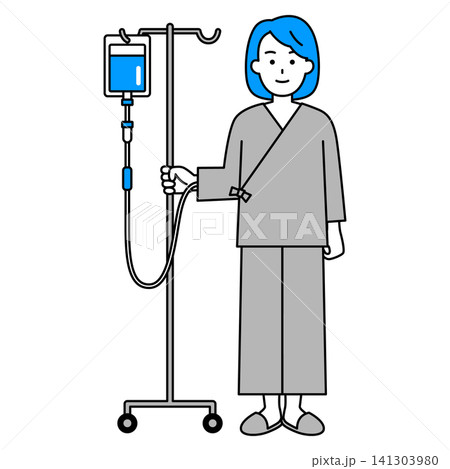 点滴スタンドを持つ若い女性患者(全身) 点滴スタンドを持つ若い女性患者(全身) 141303980