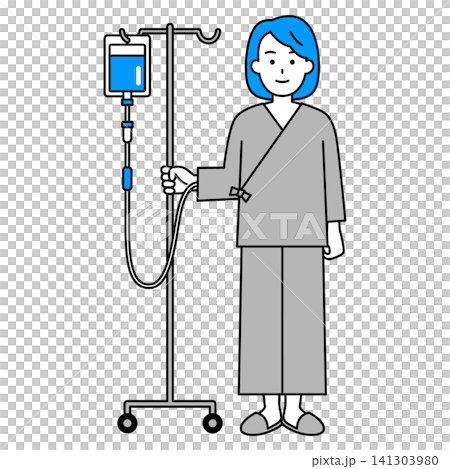 A young female patient (whole body) holding an IV stand. A young female patient (whole body) holding an IV stand. 141303980