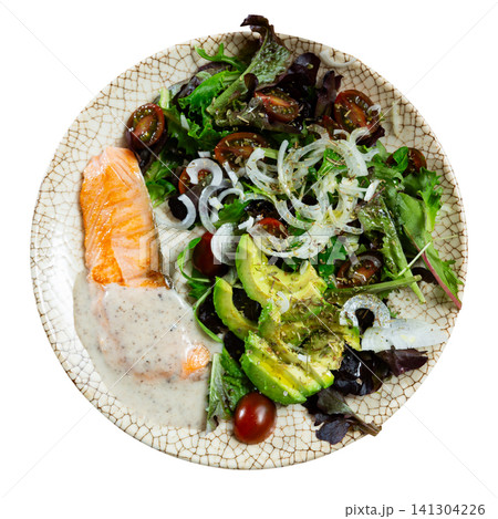 Colorful vegetable salad and grilled salmon on beige background of wooden table or tablecloth Colorful vegetable salad and grilled salmon on beige background of wooden table or tablecloth 141304226