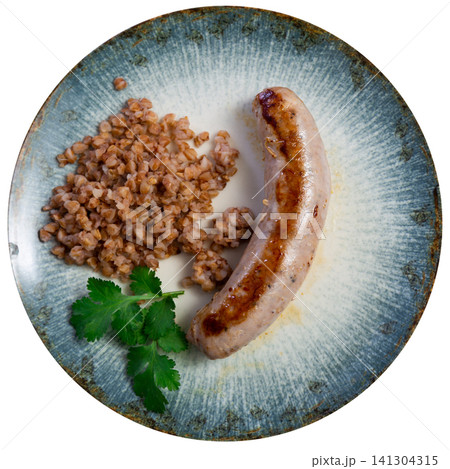 Fried pork or chicken homemade sausage and porridge buckwheat Fried pork or chicken homemade sausage and porridge buckwheat 141304315