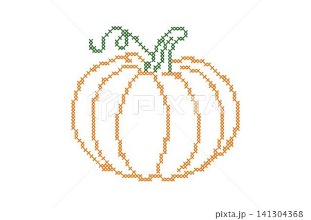 Cross stitch embroidery autumn pumpkin. Vintage pixelated needlework seasonal graphic element. Vector illustration isolated on white background. 141304368