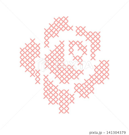 Pink cross-stitch embroidery rose bud flower head isolated on white background. A geometric pixelated needlework floral motif for cottagecore crafts, textiles, and traditional sampler patterns. Vector 141304379