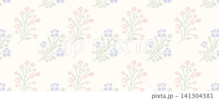 Cross-stitch embroidery field flowers seamless pattern. Horizontal banner with vintage wildflowers. A geometric pixelated needlework wallpaper for cottagecore crafts, website headers, fabric design.  141304381