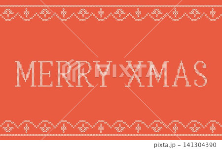 Cross stitch embroidery merry Christmas text banner. Pixelated needlework vintage greeting card background with festive geometric border. Folk ornament header vector illustration. Cross stitch embroidery merry Christmas text banner. Pixelated needlework vintage greeting card background with festive geometric border. Folk ornament header vector illustration. 141304390