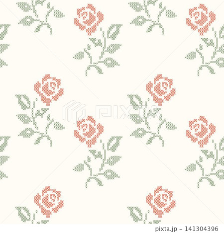 Red and green cross-stitch embroidery roses seamless pattern on beige background. A geometric pixelated needlework vintage floral wallpaper for cottagecore crafts, textiles, wrapping, fabric design. Red and green cross-stitch embroidery roses seamless pattern on beige background. A geometric pixelated needlework vintage floral wallpaper for cottagecore crafts, textiles, wrapping, fabric design. 141304396