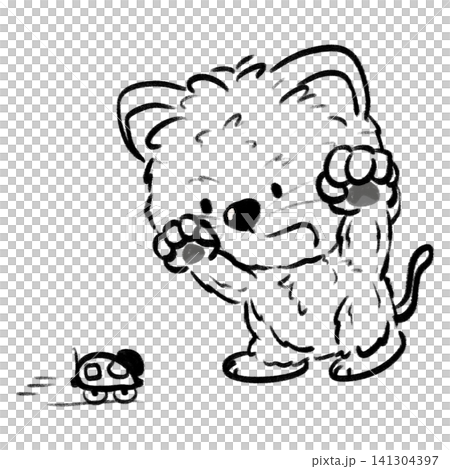 Cute cat standing up and scaring a toy car cartoon outline illustration Cute cat standing up and scaring a toy car cartoon outline illustration 141304397