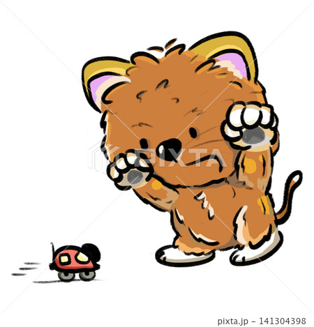 Cute cat standing up and scaring a toy car cartoon illustration 141304398