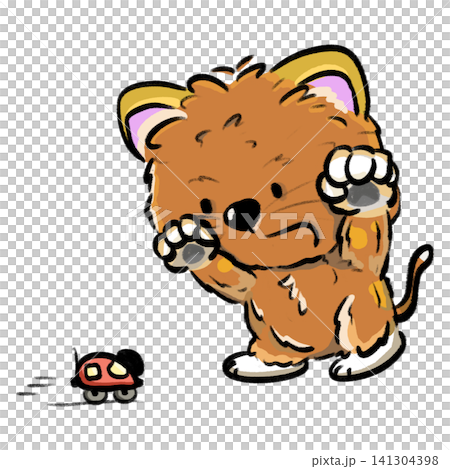 Cute cat standing up and scaring a toy car cartoon illustration Cute cat standing up and scaring a toy car cartoon illustration 141304398