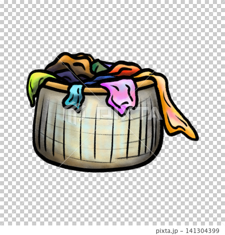 Cartoon woven laundry basket overflowing with clothes isolated illustration Cartoon woven laundry basket overflowing with clothes isolated illustration 141304399