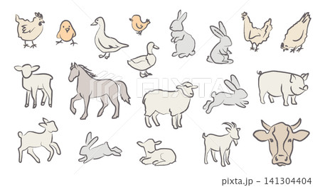 Pastel hand drawn farm animals in soft vintage colors. Cute rustic livestock and poultry vector illustrations for children, education, branding, packaging, nursery design. Isolated on white background 141304404