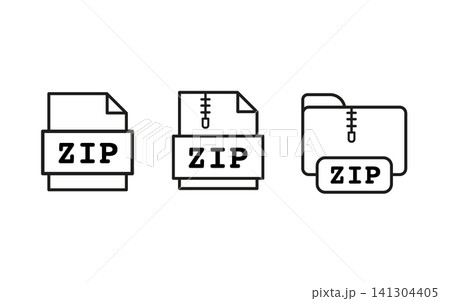 ZIP file outline icons set, vector illustration of compressed file and folder symbols with zipper design. Minimal line art style for digital storage, archive, and download concepts. 141304405