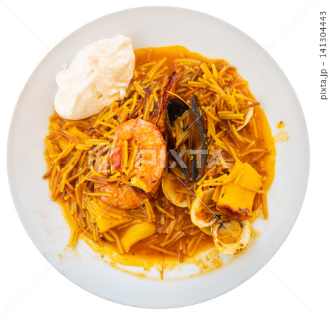 Fideua with seafood served on platter Fideua with seafood served on platter 141304443
