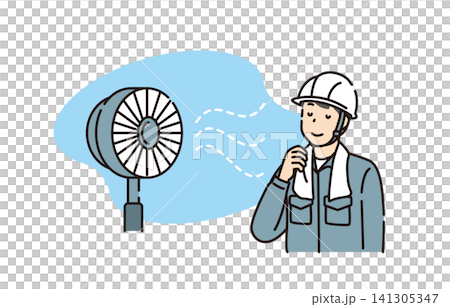 Workers cooling off with electric fans 141305347