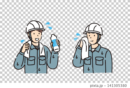 Workers rehydrating and wiping away sweat. 141305380