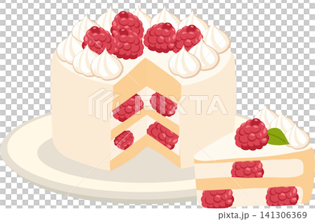 Raspberry Cake Slice and Whole Vanilla Cream Dessert on Plate Raspberry Cake Slice and Whole Vanilla Cream Dessert on Plate 141306369