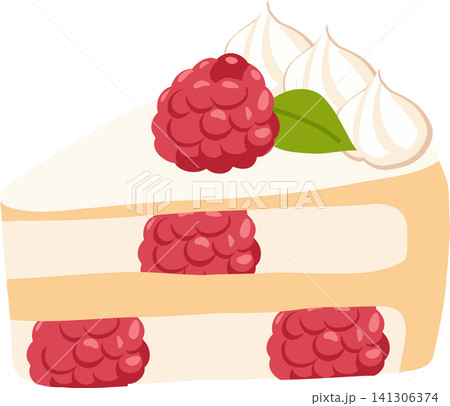 Raspberry Cake Slice with Whipped Cream and Fresh Berry Illustration 141306374