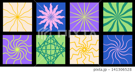 Retro Psychedelic Spiral Pattern Set with Radial Rays, Wavy Lines and Geometric Abstract Backgrounds Retro Psychedelic Spiral Pattern Set with Radial Rays, Wavy Lines and Geometric Abstract Backgrounds 141306528