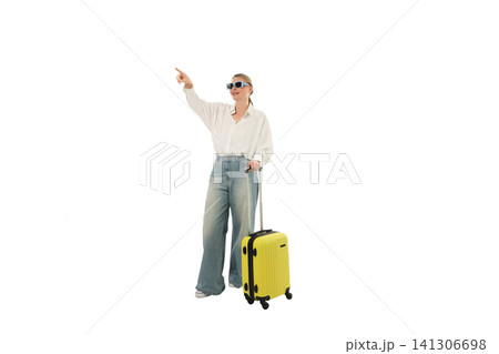Woman in casual wear pointing somewhere, isolated on white, PNG Woman in casual wear pointing somewhere, isolated on white, PNG 141306698