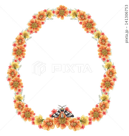 Tagetes patula oval wreath watercolor illustration. Hand drawn marigold with moth and copy space in vibrant botanical style. Floral colorful frame template for greeting card. Autumn invitation design. Tagetes patula oval wreath watercolor illustration. Hand drawn marigold with moth and copy space in vibrant botanical style. Floral colorful frame template for greeting card. Autumn invitation design. 141306753