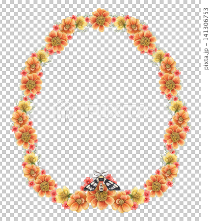 Tagetes patula oval wreath watercolor illustration. Hand drawn marigold with moth and copy space in vibrant botanical style. Floral colorful frame template for greeting card. Autumn invitation design. Tagetes patula oval wreath watercolor illustration. Hand drawn marigold with moth and copy space in vibrant botanical style. Floral colorful frame template for greeting card. Autumn invitation design. 141306753
